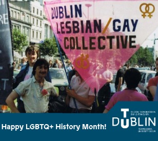Image of a history dublin pride demonstration showing attendees with a large pink tringle banner reading dublin lesbian/gay collective