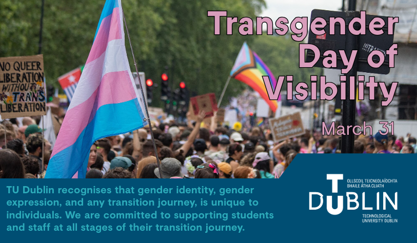 image of lgbtq+ pride march in dublin showing demonstrators holding a large pride flag. text overlain reads 