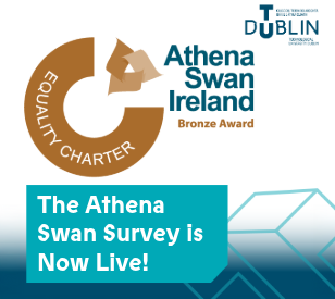 Athena swan ireland bronze award logo beside the tu dublin logo and tu dublin branded graphics with text reading 