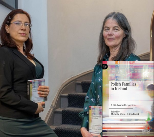 Dr Alicja Bobek and Dr Michelle Share each holding their new publication 'Polish Families in Ireland: A life course perspective'. the book cover itself appears on the right hand side of the image