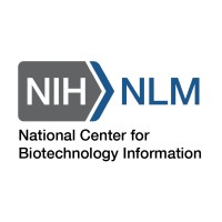 Logo for NIH National library of Medicine. It has a white background, and a grey and blue arrow in the centre of the image. The letters NIH are imposed in white on to the grey arrow, and it points toward the letters NLM.
